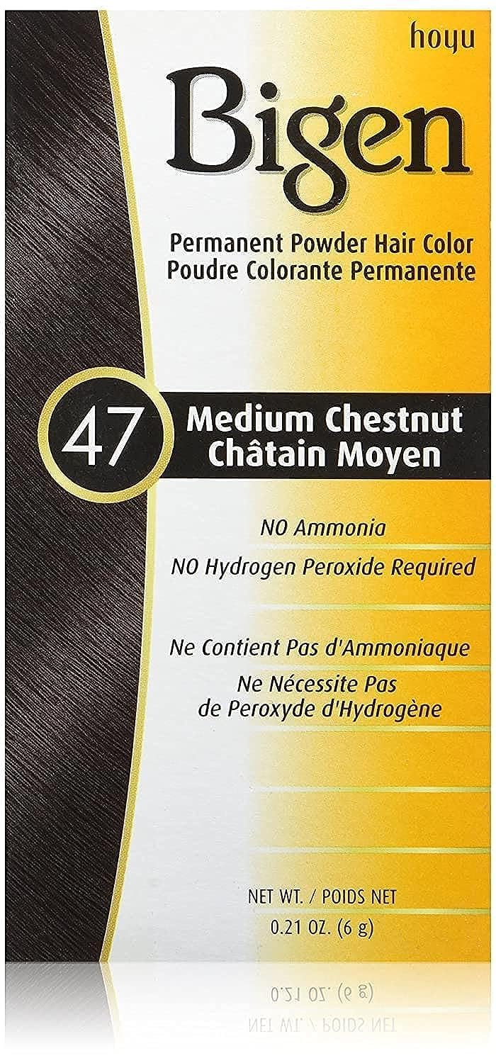 Bigen Permanent Powder Hair Color 47 Medium Chestnut bottle — compact at-home color