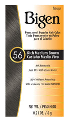 Bigen powder hair color 56 Rich Medium Brown packaging for easy at-home color.