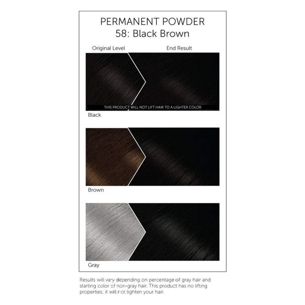 Bigen powder hair color 58 black brown close-up reveals rich true-to-life shade.
