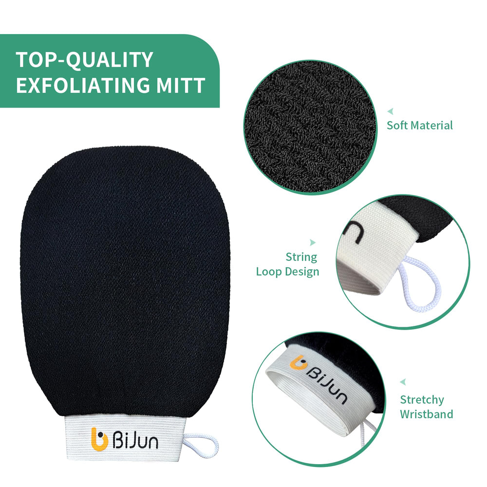 BiJun exfoliating glove front view emphasizes durable wrist strap and fit
