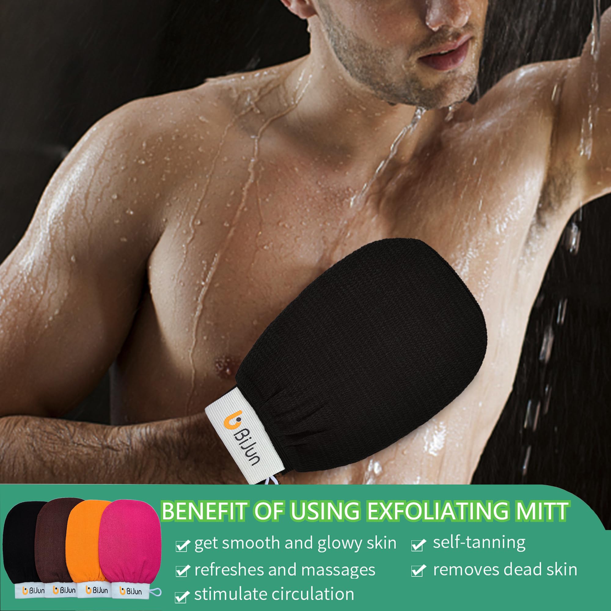 BiJun glove in hand shows gentle scrubbing action for smoother skin