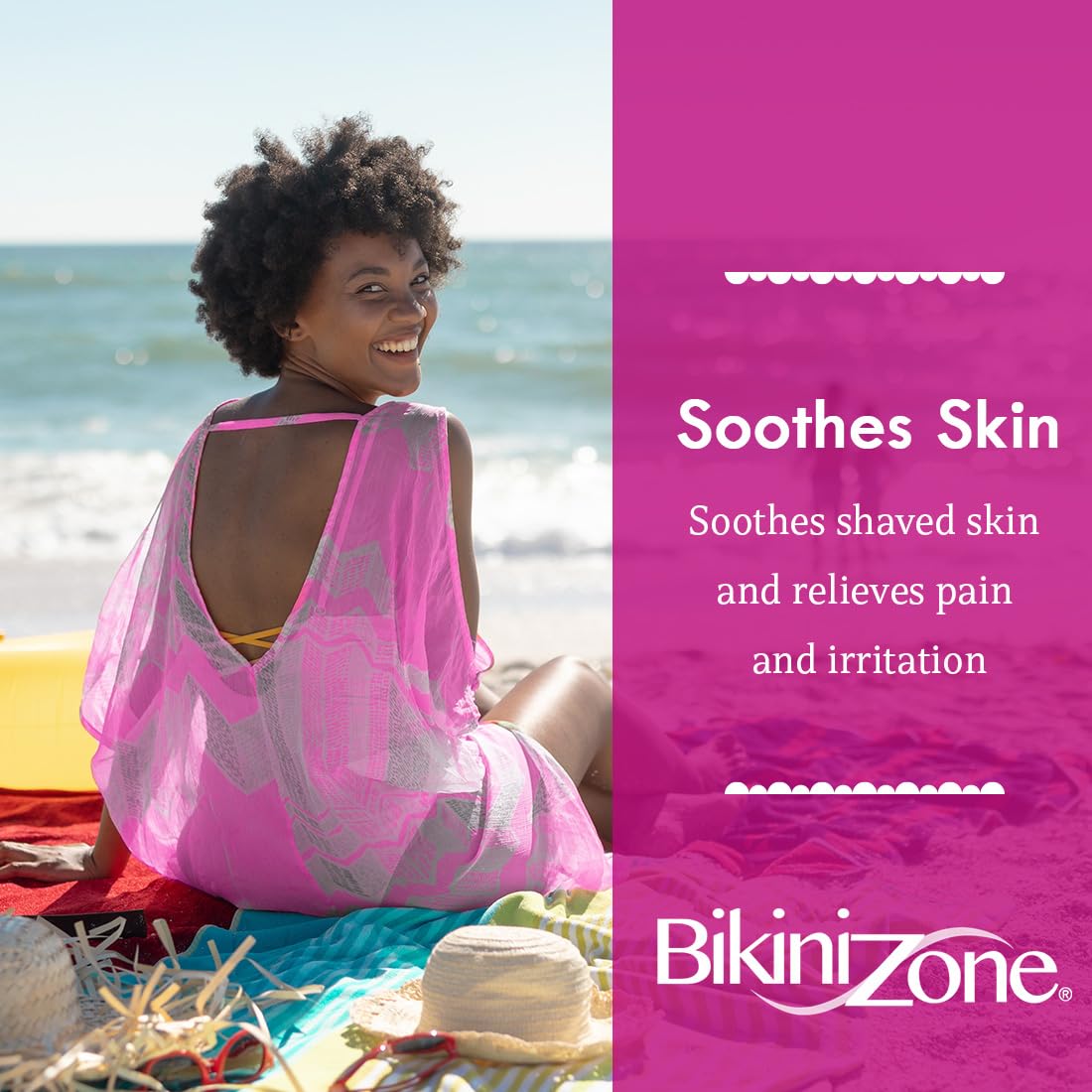 Bikini Zone aloe vera and vitamin E moisturizing skin post-shave in sensitive areas.