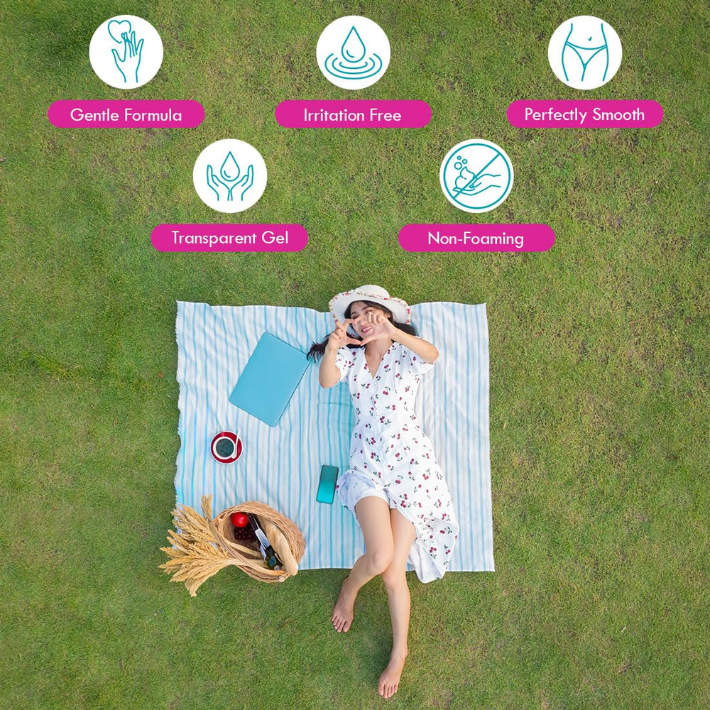 Bikini Zone anti-bump gel application point demonstrates easy bikini line use.