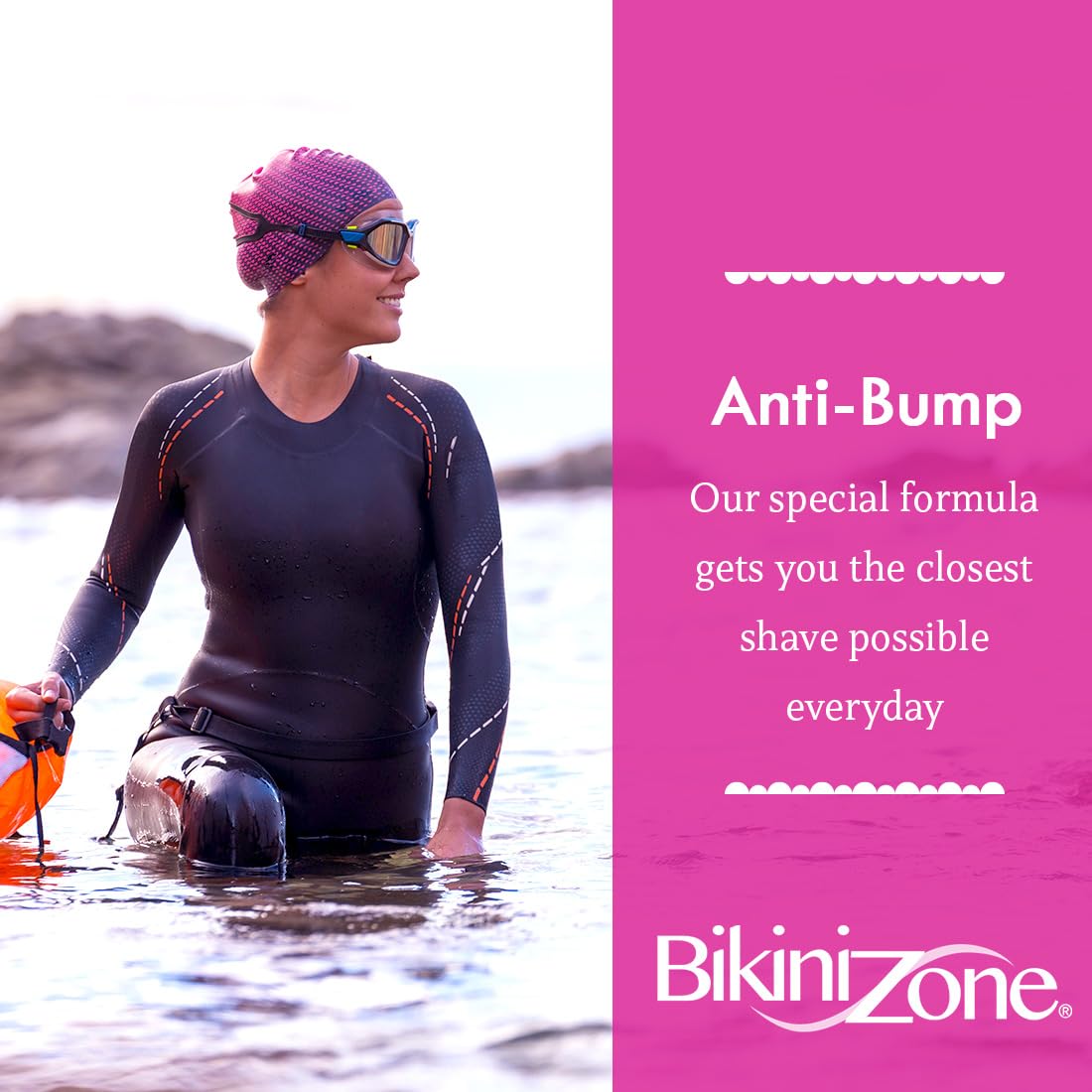Bikini Zone anti-bump gel transparent formula highlights precise shaving and visibility.