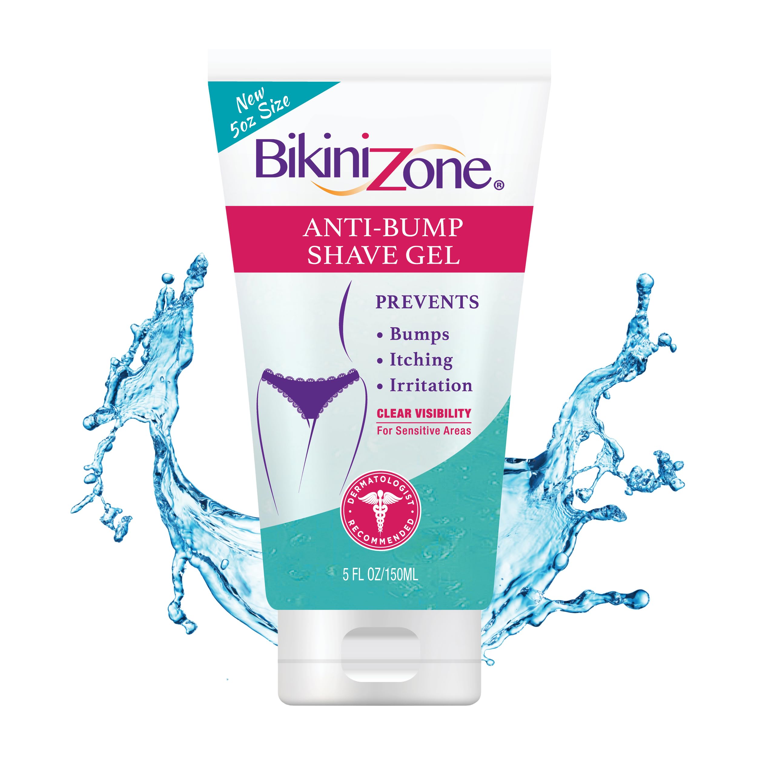 Bikini Zone anti-bump shave gel 5oz bottle showcases a sensitive-area solution for smooth shaving.