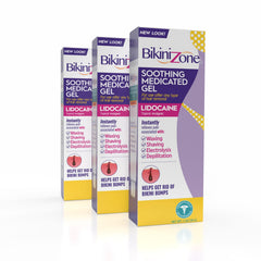 Bikini Zone lidocaine after-shave gel application close-up for quick relief after shaving.