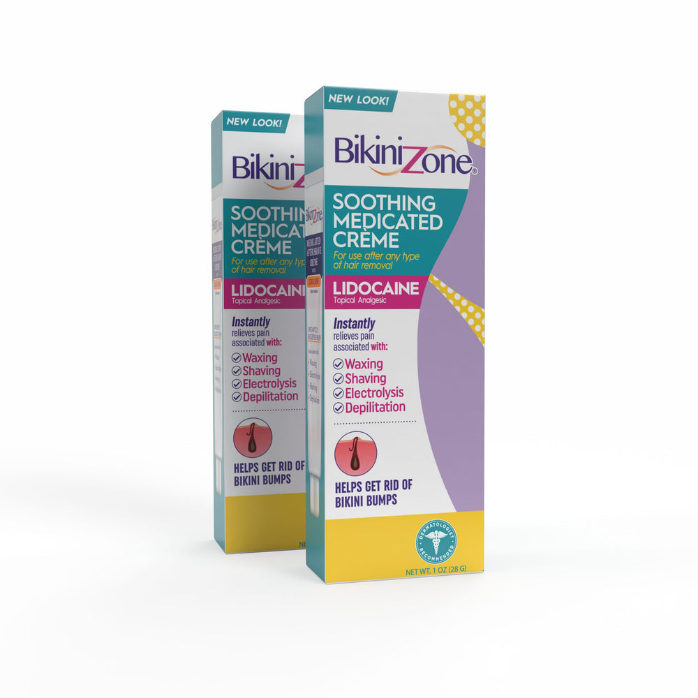 Bikini Zone medicated after shave creme bottle shown, quick relief for razor burn