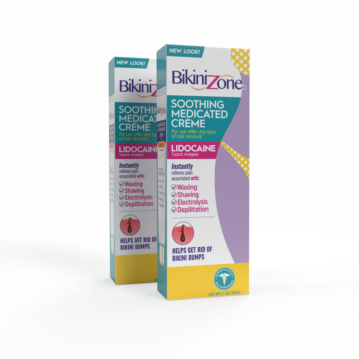 Bikini Zone medicated after shave creme bottle shown, quick relief for razor burn