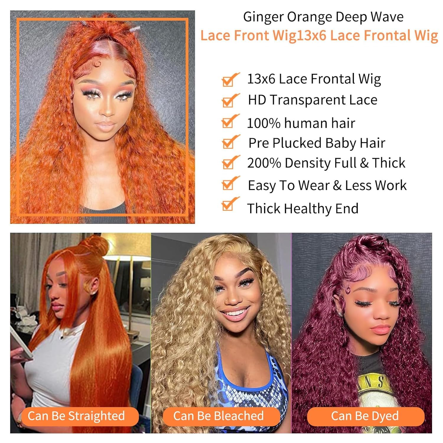 Bilisar ginger wig high-density texture close-up emphasizes 200 density fullness