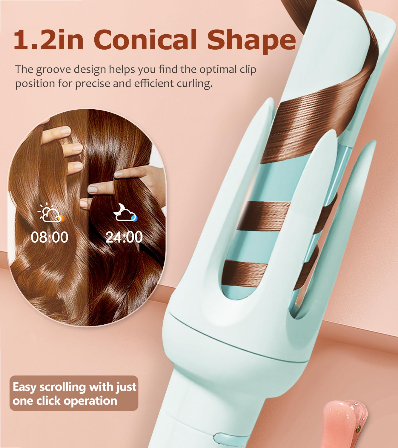 BILITOK Auto Hair Curler rotating wand enables left or right curling.