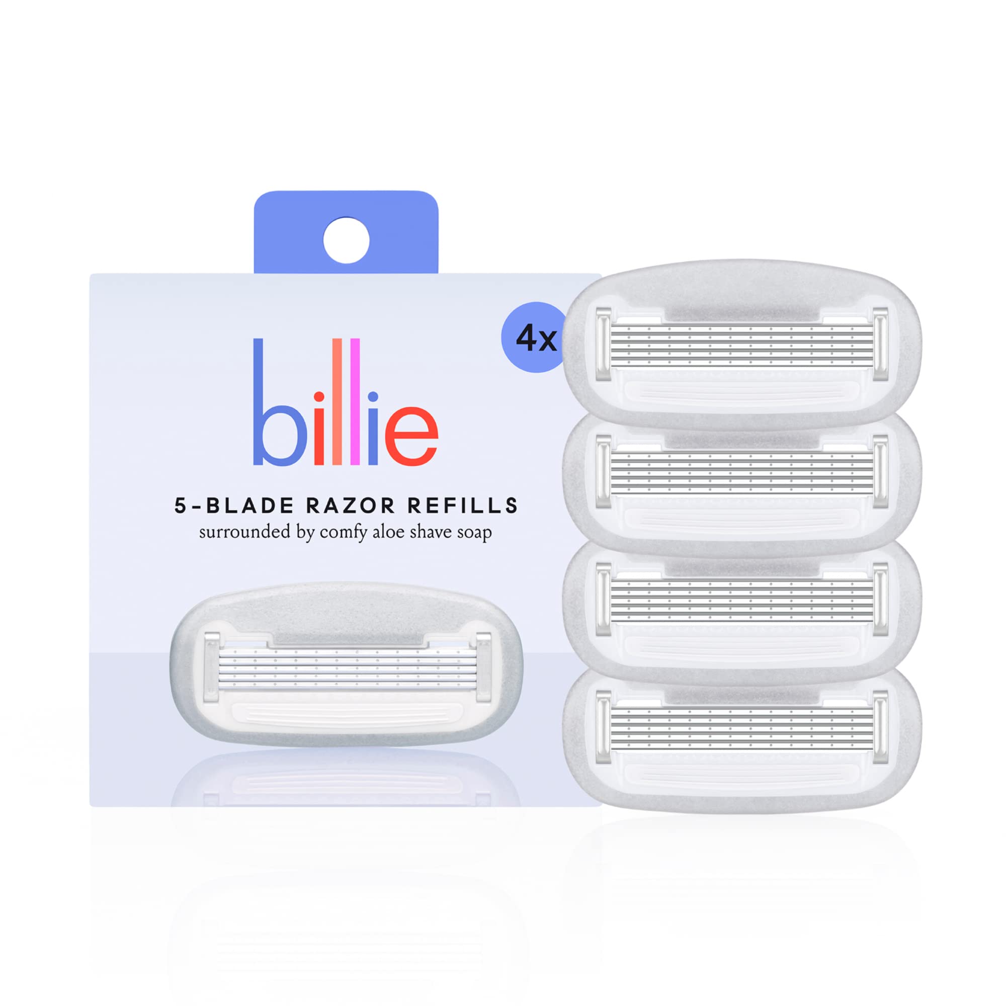 Billie refill front packaging showing 4-count and benefits for easy restocking