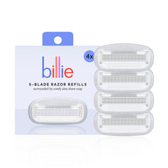 Billie refill front packaging showing 4-count and benefits for easy restocking
