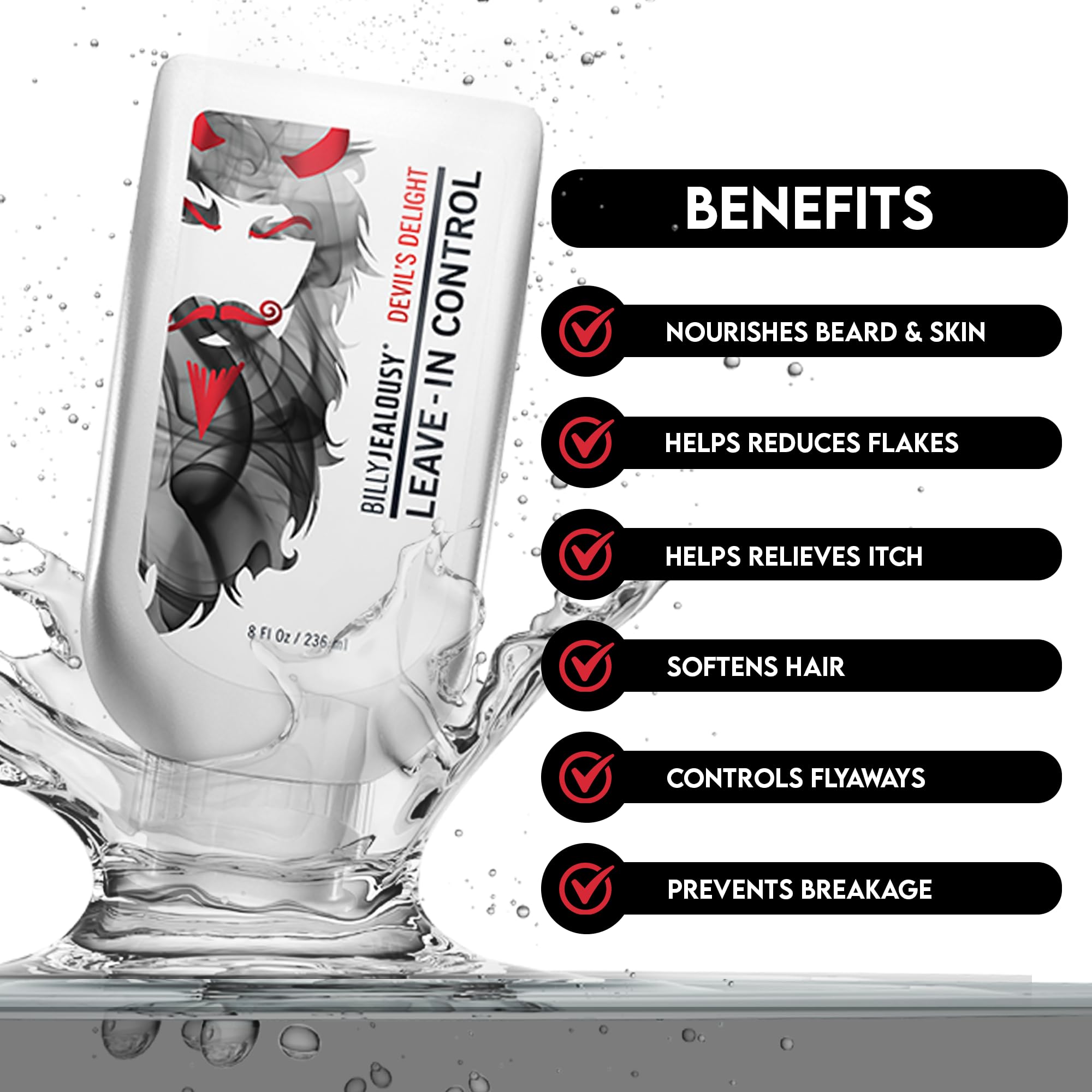 Billy Jealousy Devils Delight label highlights witch hazel and hops extracts for soothing skin