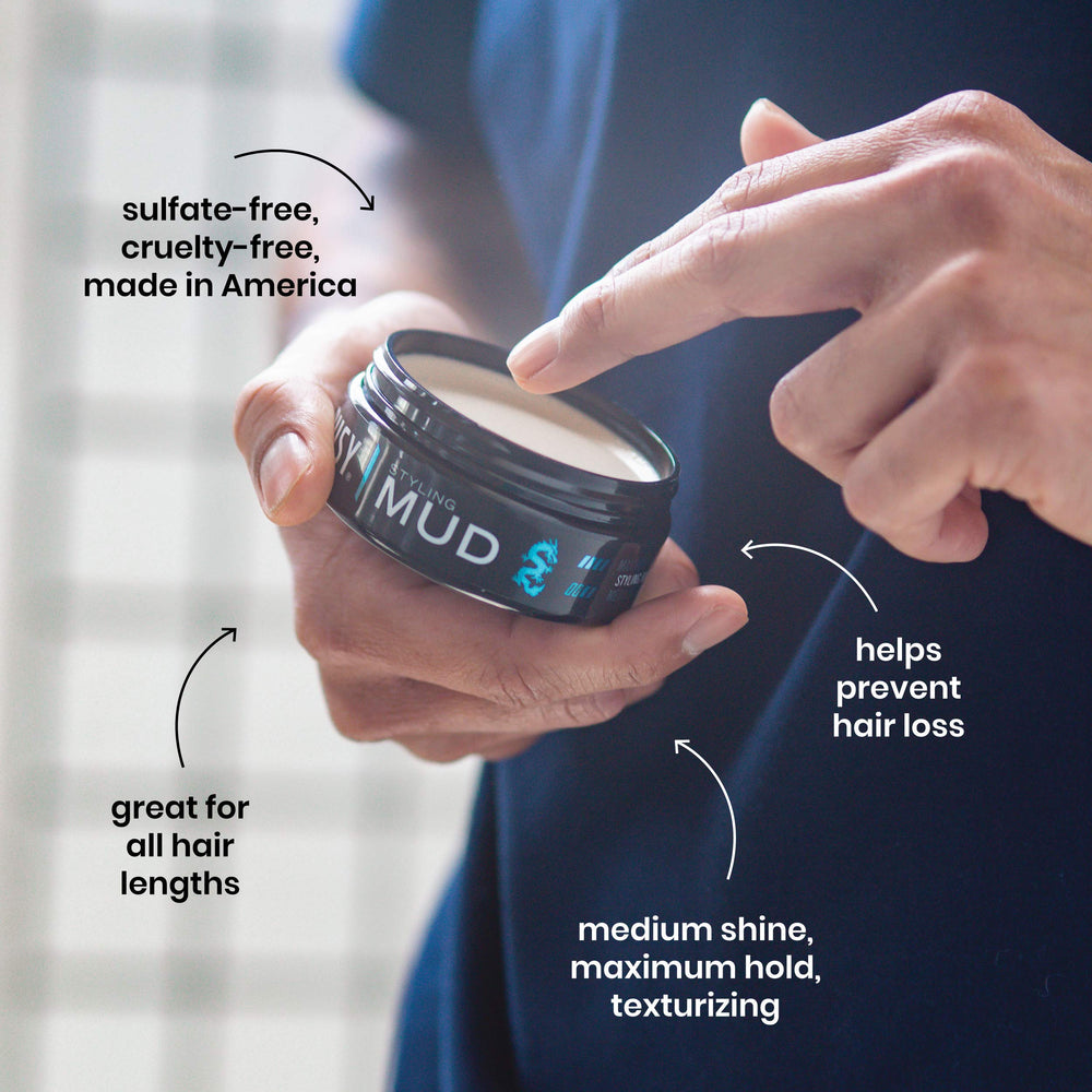 Billy Jealousy Slush Fund hands applying mud for easy styling and control.