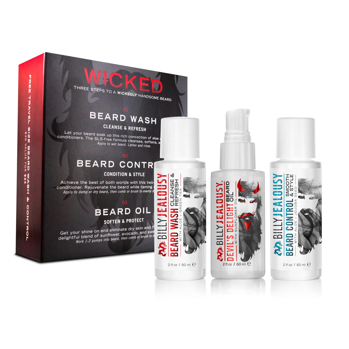 Billy Jealousy Wicked Beard Wash pour showing sulfate-free cleanse for beard and skin.