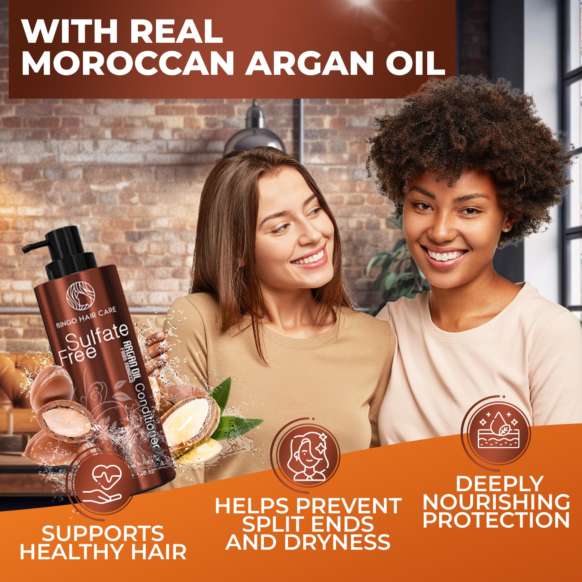 Bingo Hair Care Moroccan Argan Oil Conditioner ingredients close-up showing natural oils for nourished hair.