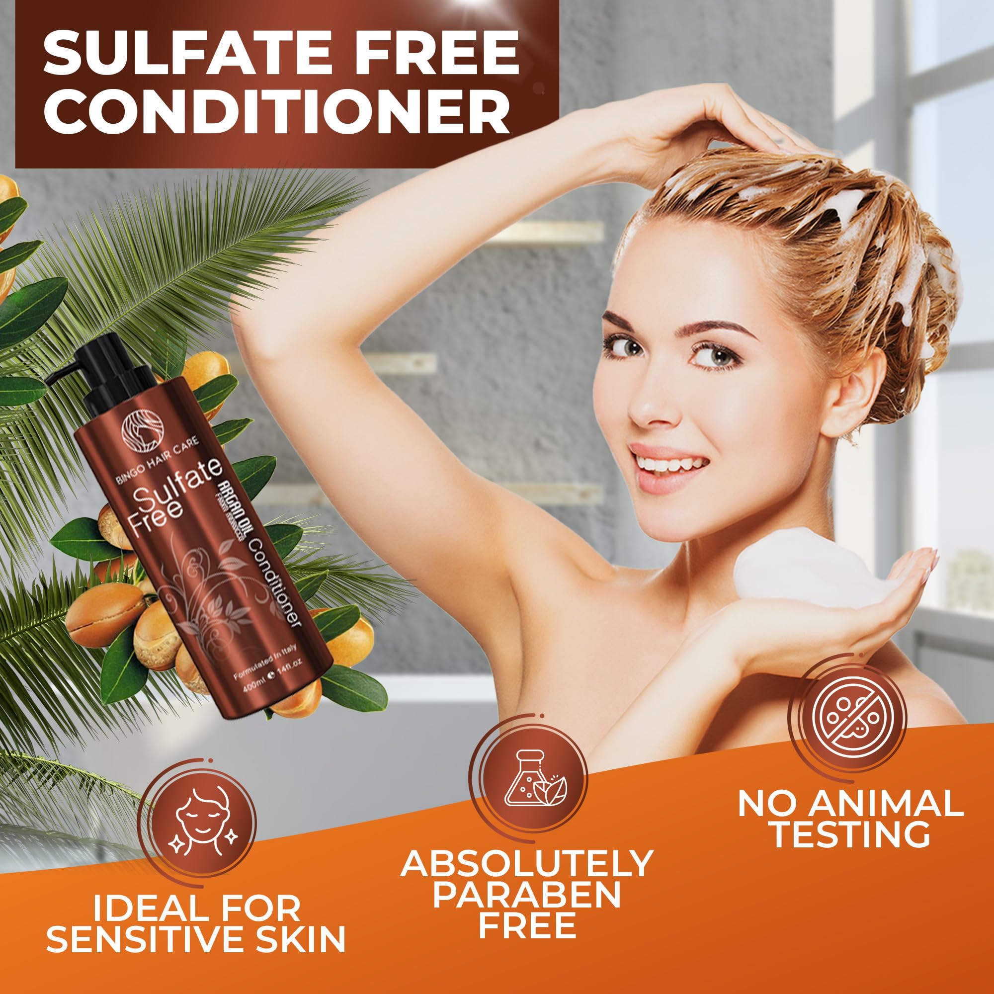 Bingo Hair Care Moroccan Argan Oil Conditioner shiny-finish close-up highlighting lasting shine.