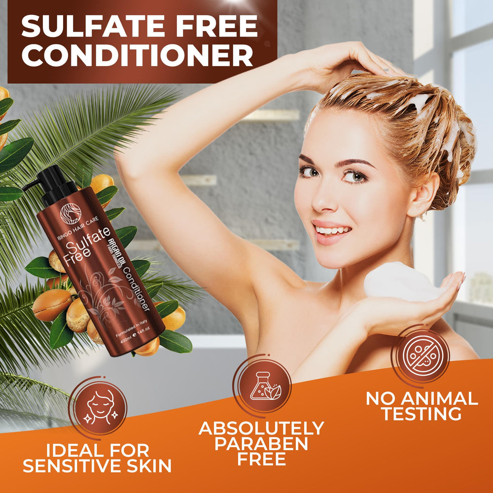 Bingo Hair Care Moroccan Argan Oil Conditioner shiny-finish close-up highlighting lasting shine.