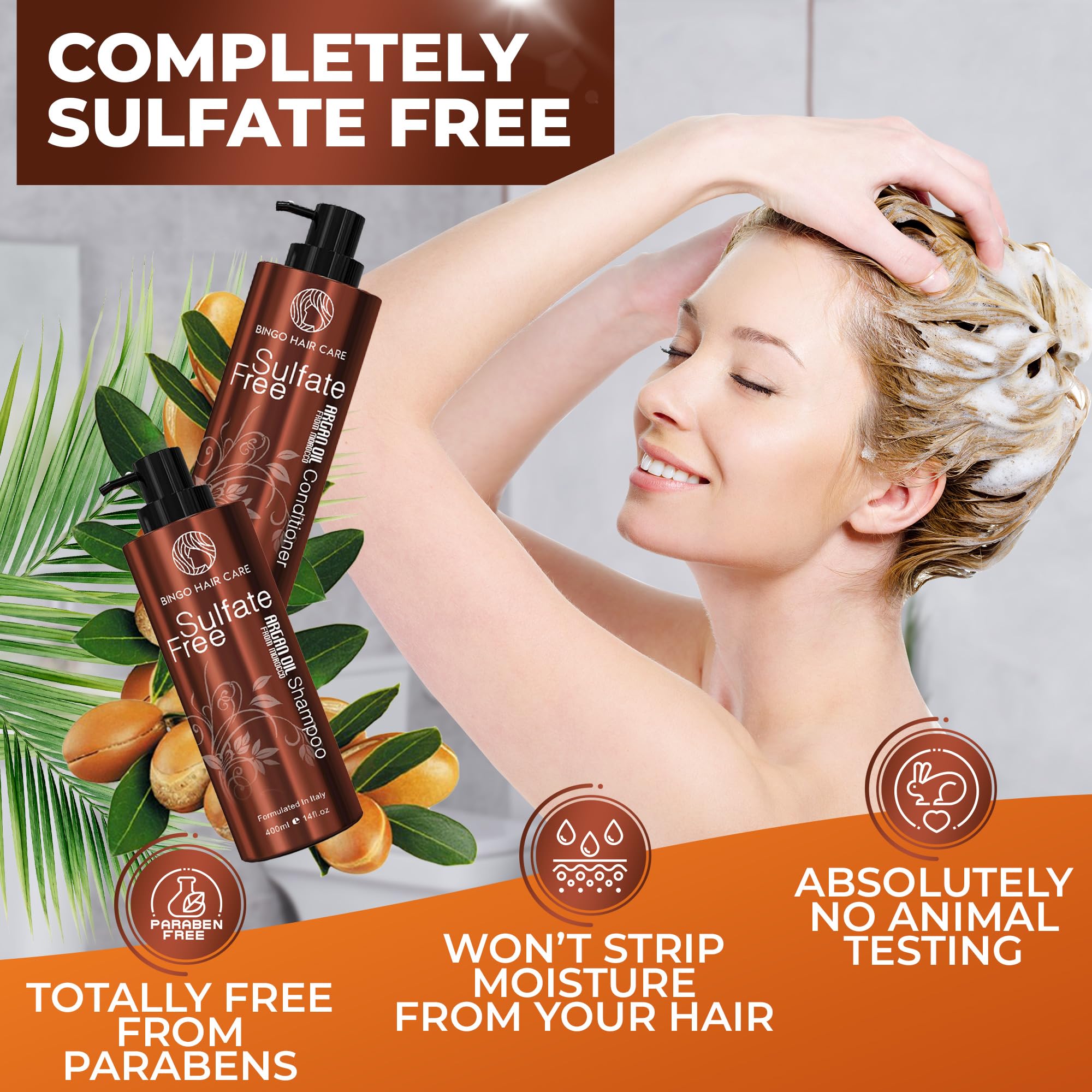 Bingo Hair Care sulfate-free label closeup emphasizing moisture retention.