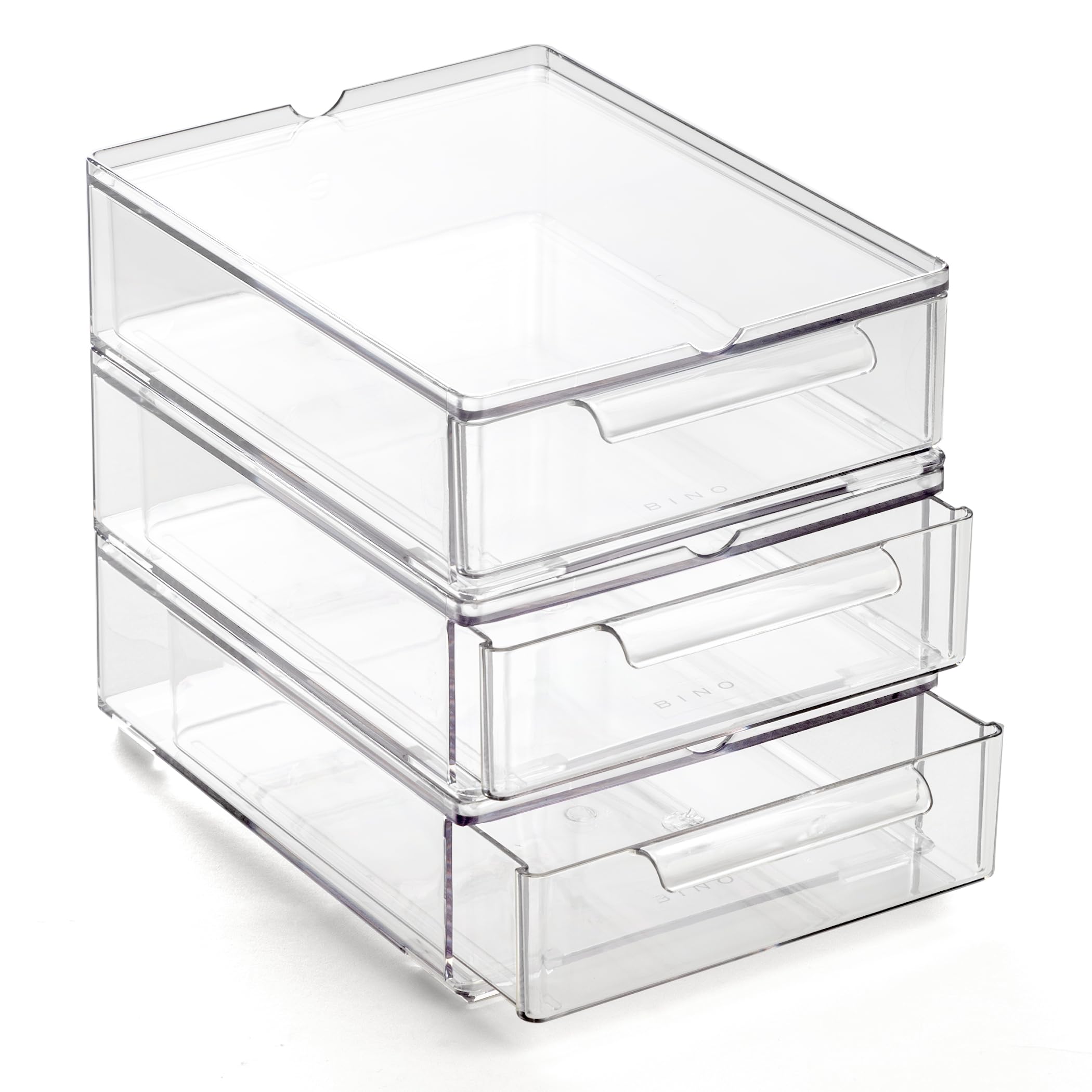 BINO clear drawer front view with built-in handles for easy access and organization.