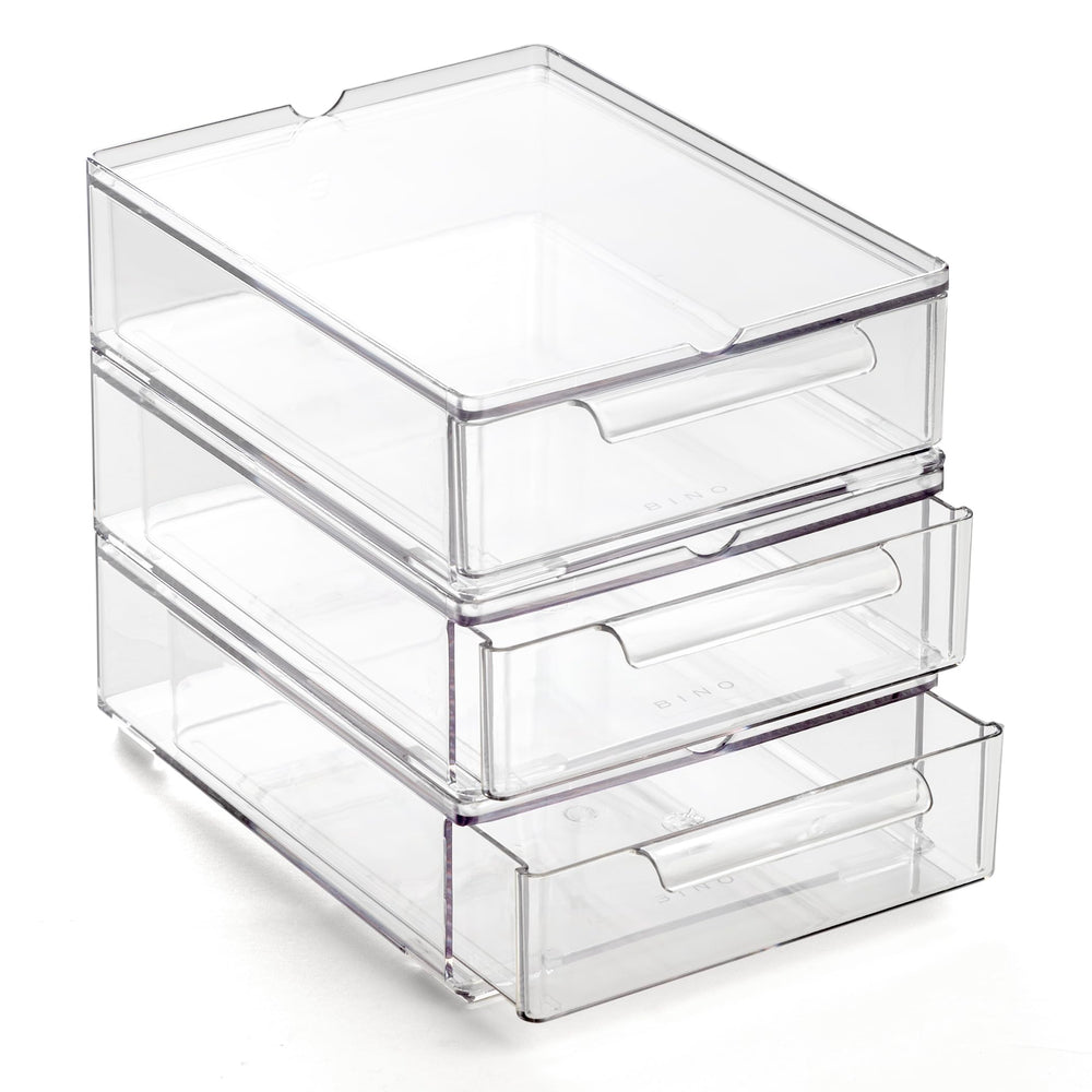 BINO clear drawer front view with built-in handles for easy access and organization.