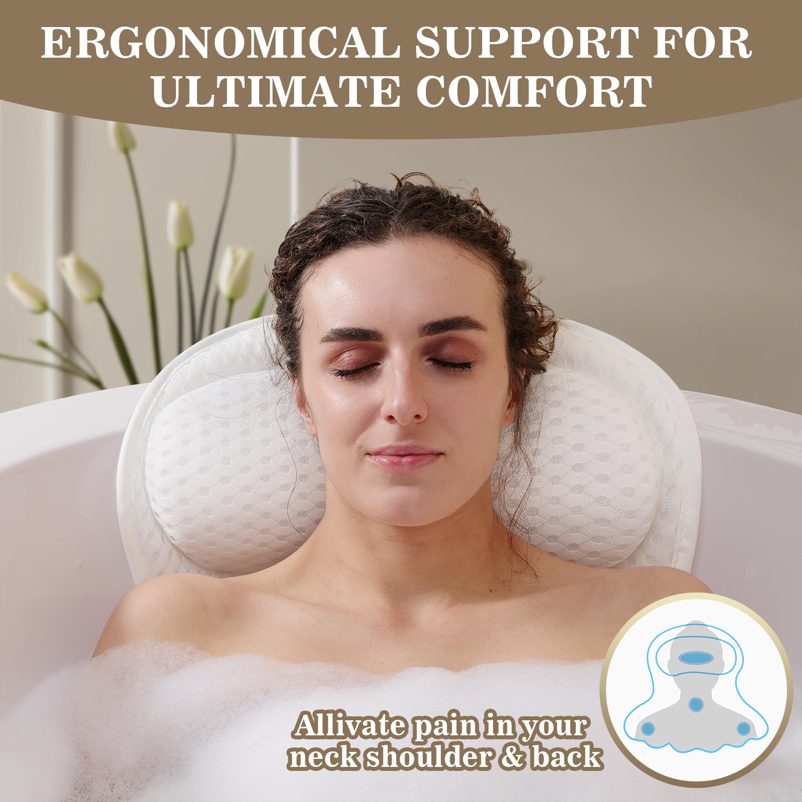 Binobella bath pillow with 4D air mesh delivers breathable, quick-dry comfort.