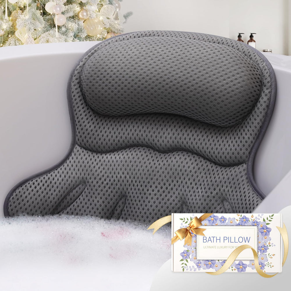 Binobella bath pillow provides ergonomic head-neck-back support for a relaxed soak.