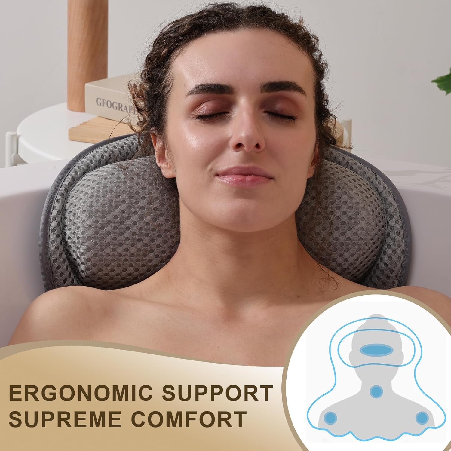 Binobella bath pillow with six suction cups secures placement for worry-free soaking.