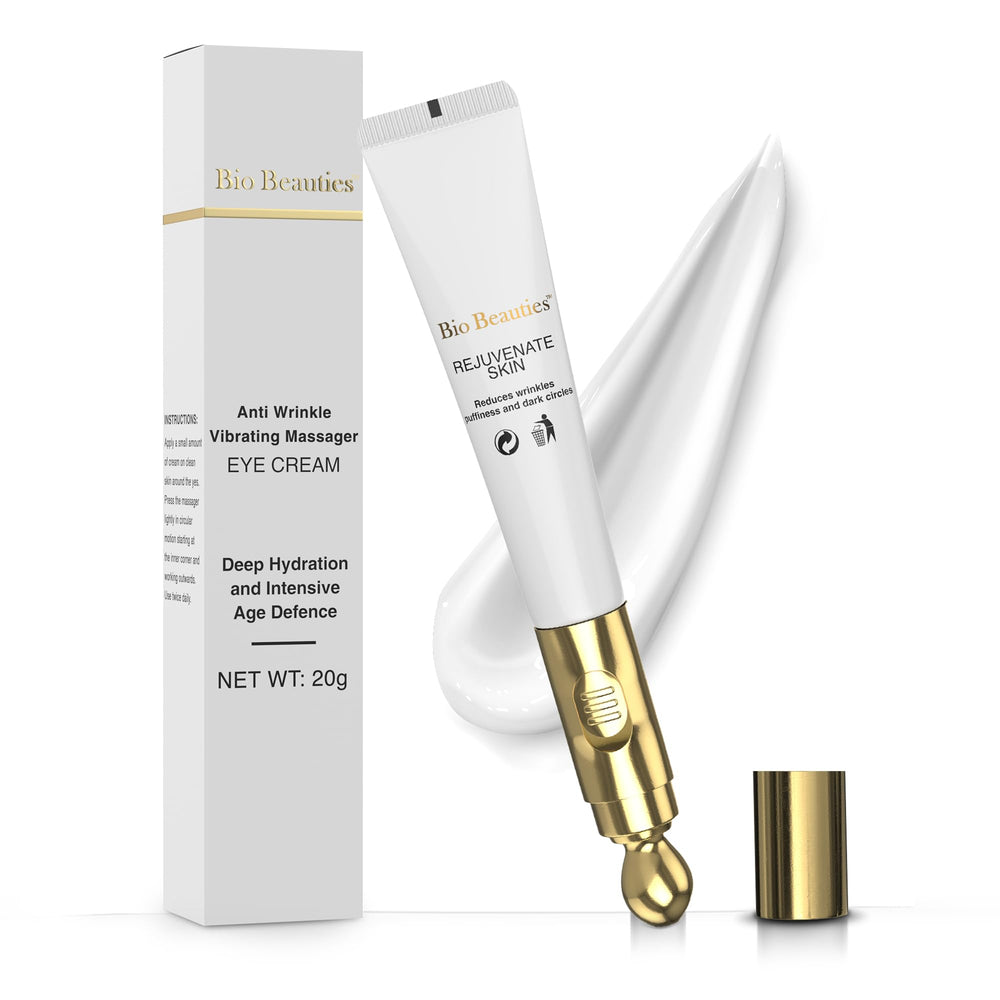 Bio Beauties eye-cream tube closeup highlighting hydrating formula for tired under-eyes