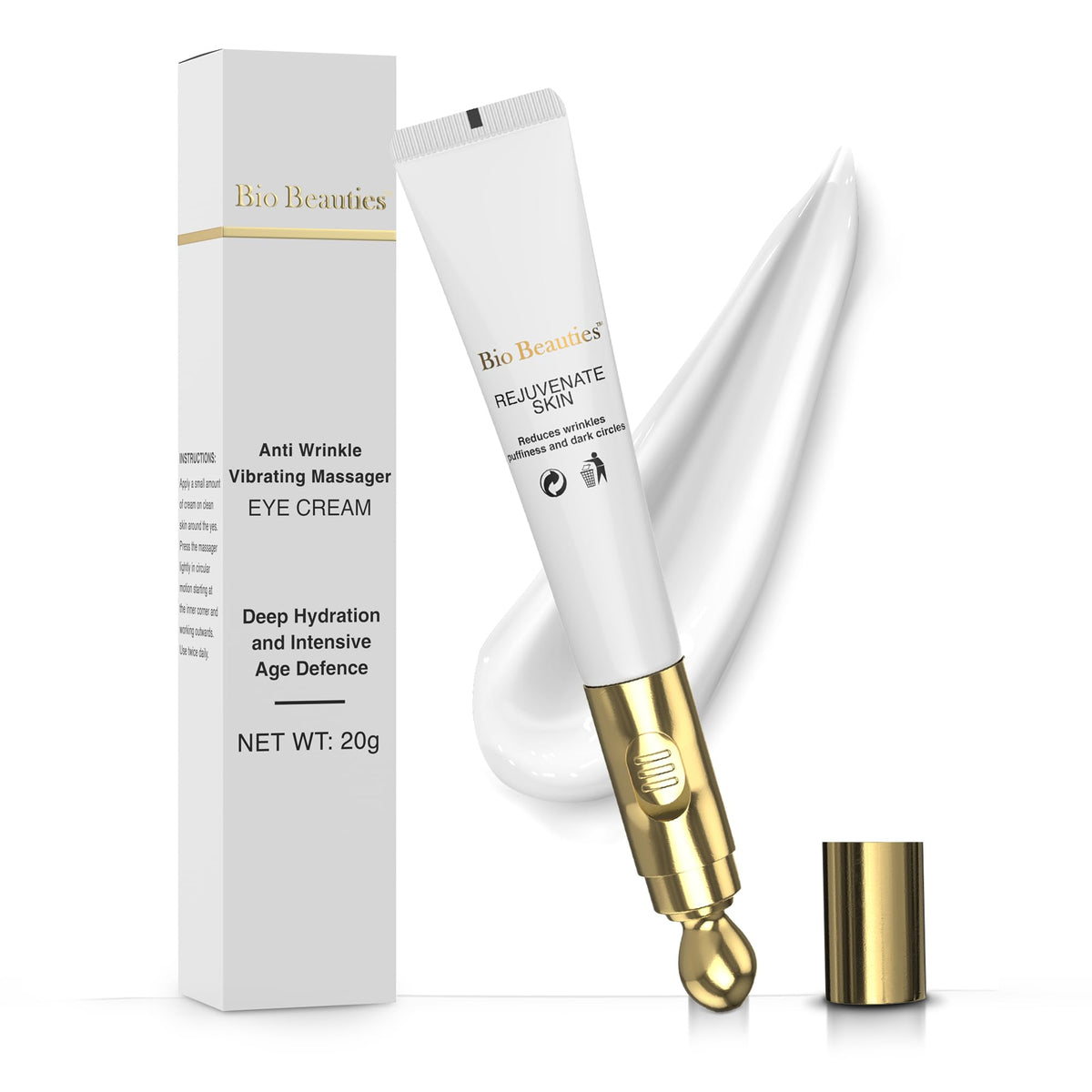 Bio Beauties eye-cream tube closeup highlighting hydrating formula for tired under-eyes