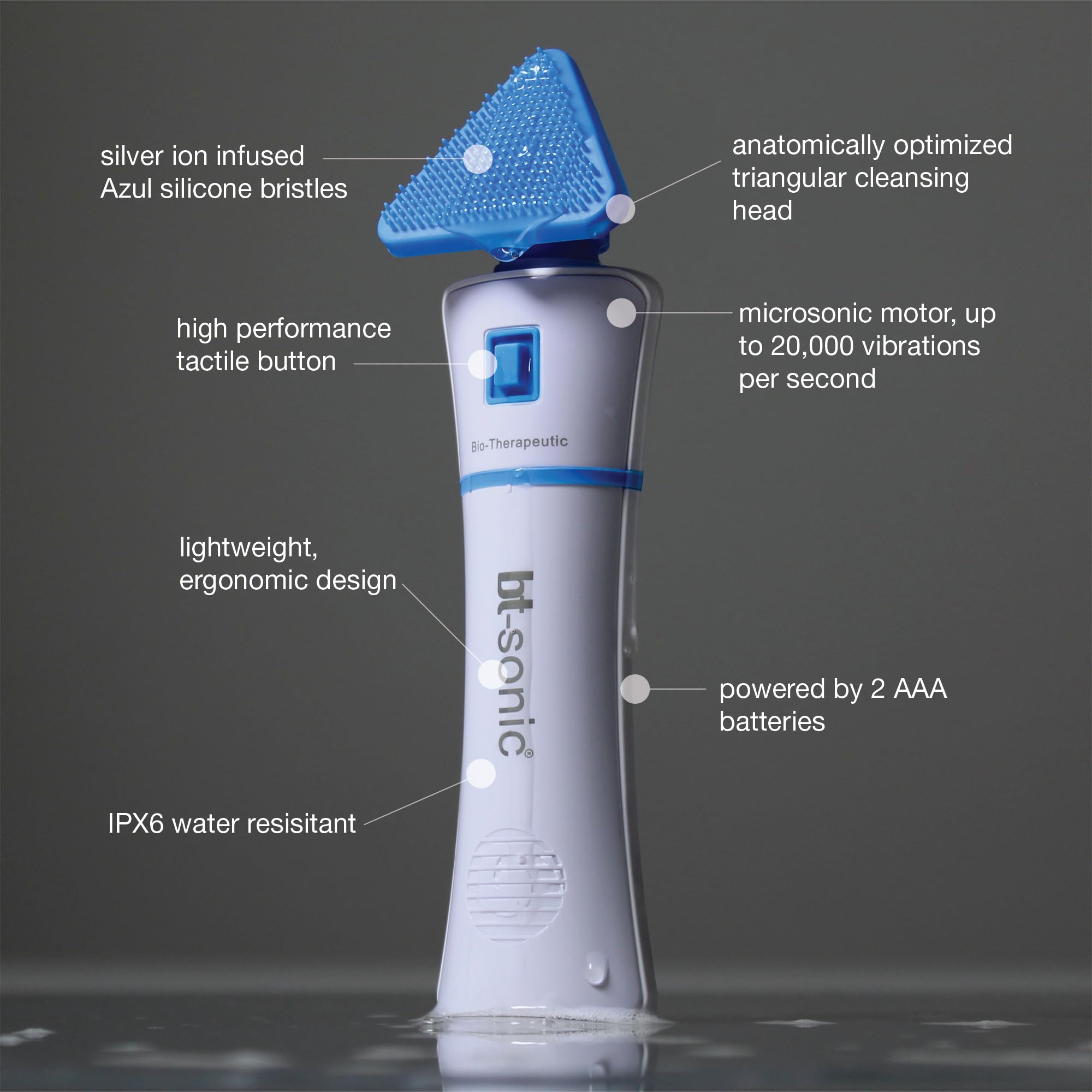 Bio-Therapeutic bt-Sonic side profile emphasizes contour-adapting triangular head for precise cleansing.