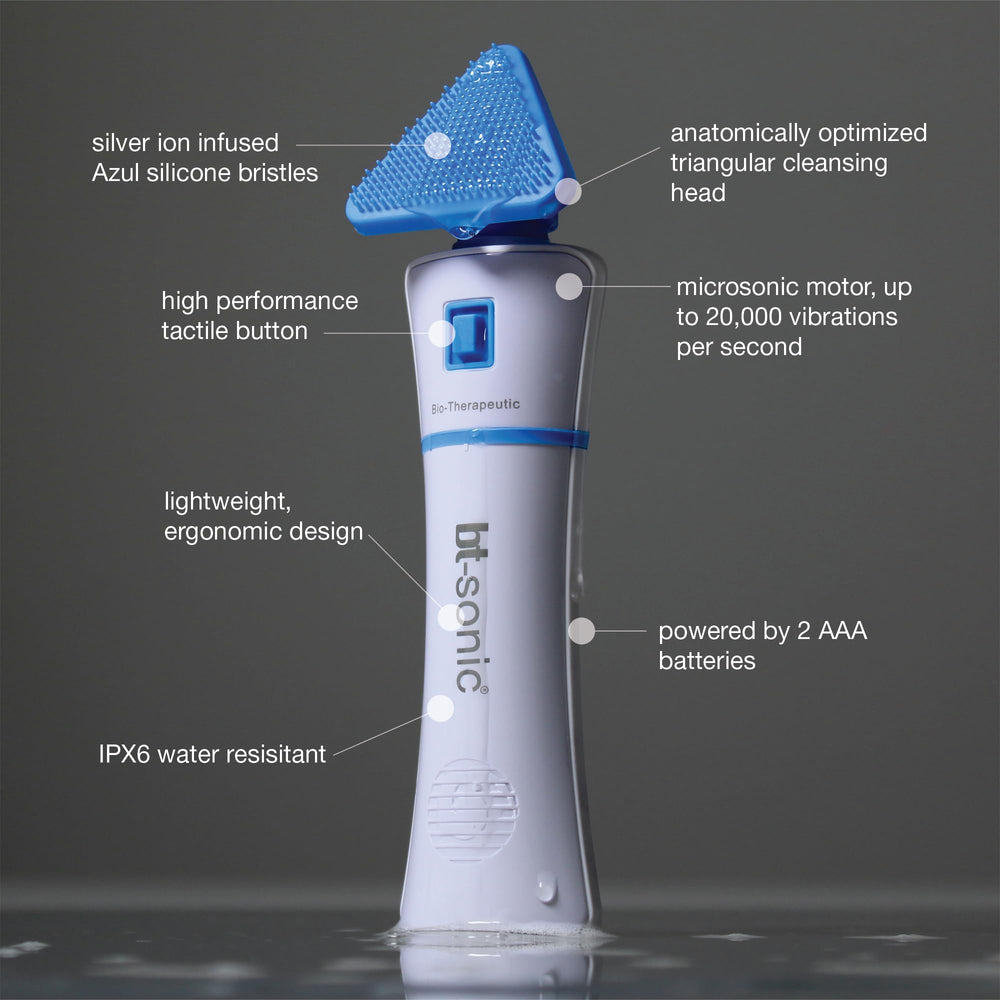 Bio-Therapeutic bt-Sonic side profile emphasizes contour-adapting triangular head for precise cleansing.