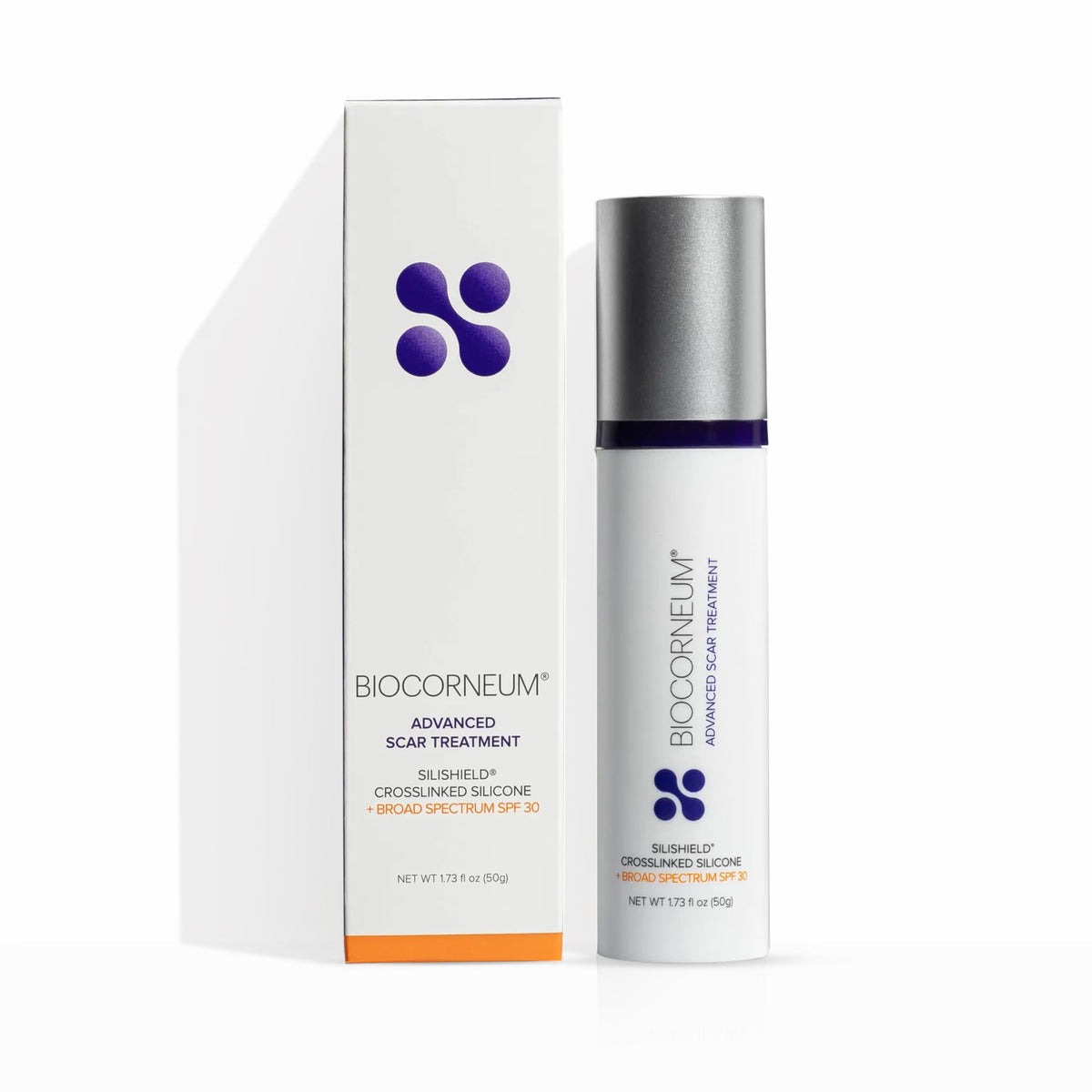 BIOCORNEUM front packaging 50g showing tube and branding for trusted scar care