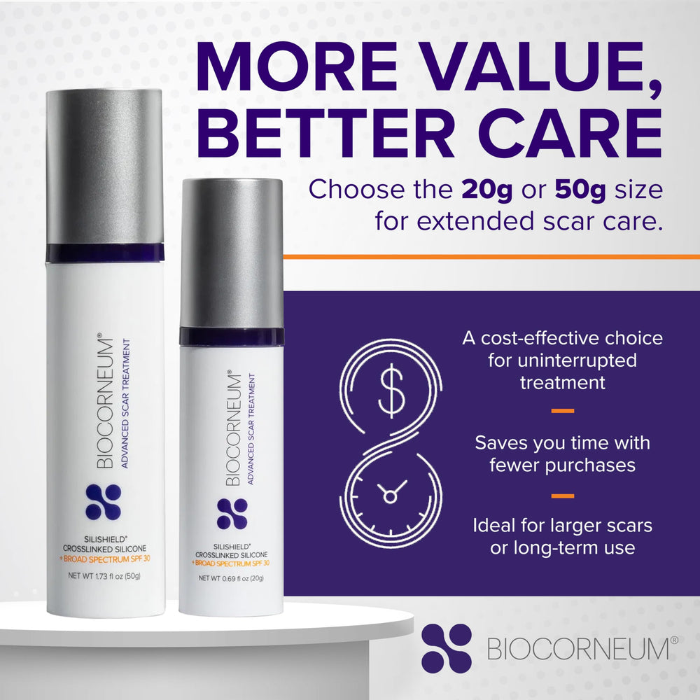 BIOCORNEUM label showing broad spectrum SPF 30 for scar sun protection