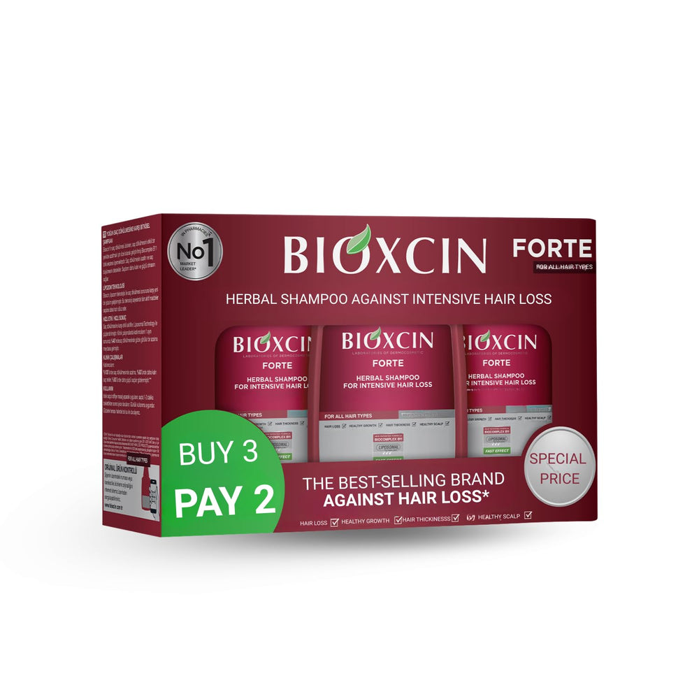 BIOXCIN herbal shampoo bottle closeup highlights nourishing formula for stronger hair.