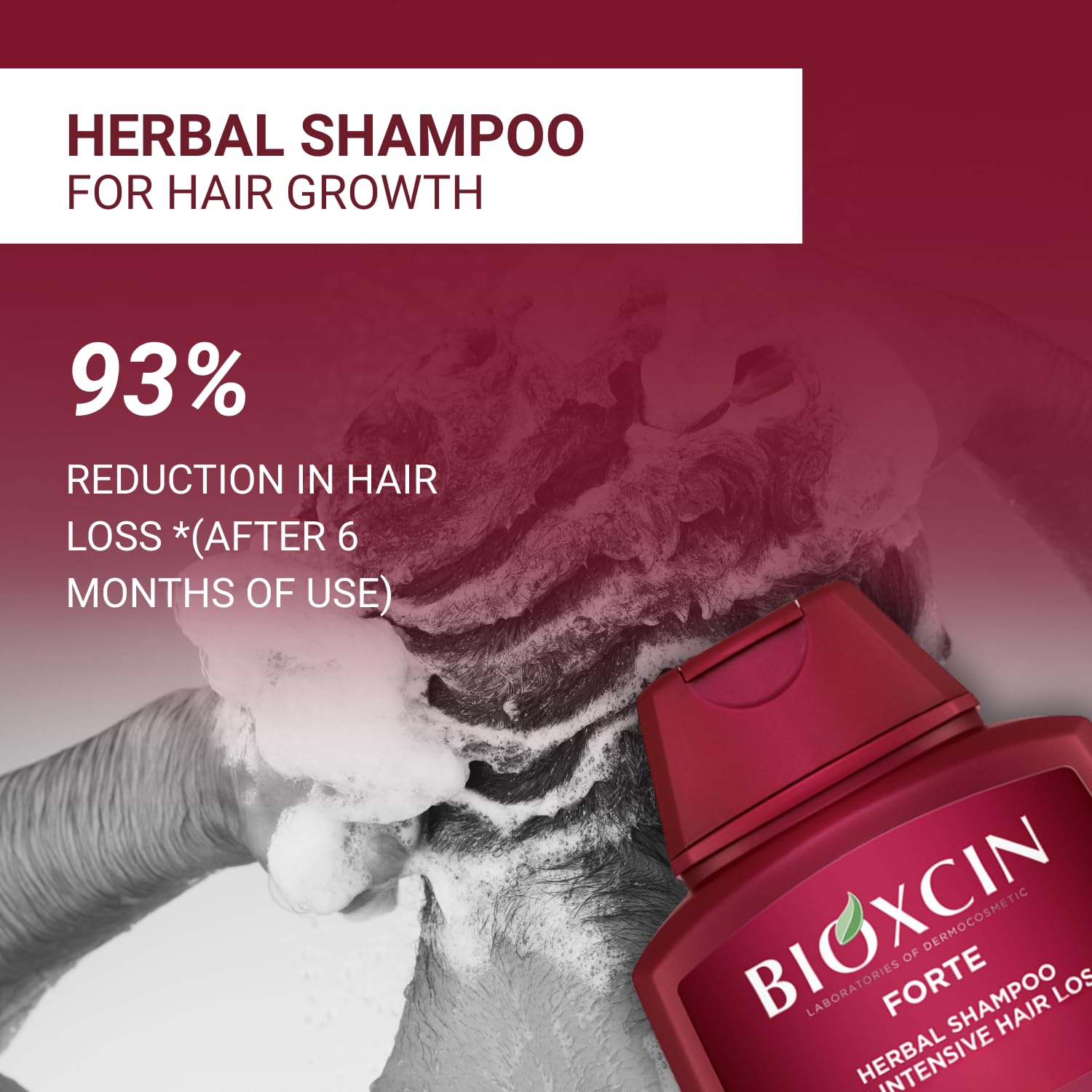 BIOXCIN herbal shampoo bottle with leaves graphic highlights free-from-parabens and harsh chemicals.