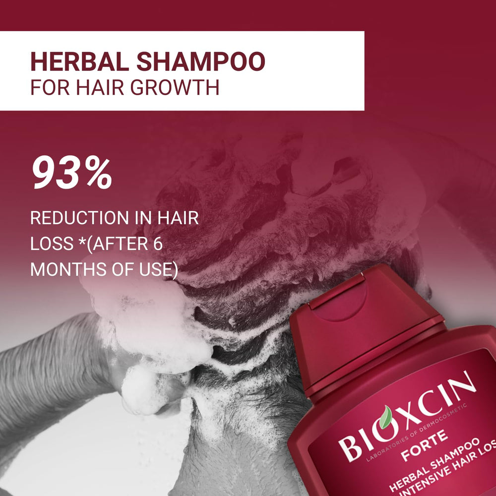 BIOXCIN herbal shampoo bottle with leaves graphic highlights free-from-parabens and harsh chemicals.