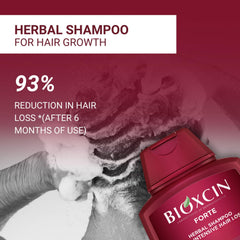 BIOXCIN herbal shampoo bottle with leaves graphic highlights free-from-parabens and harsh chemicals.