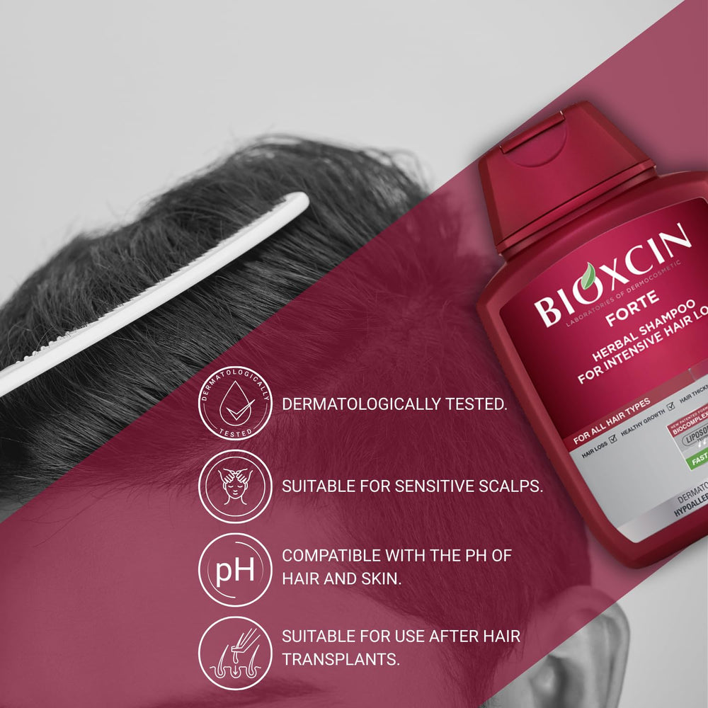 BIOXCIN herbal shampoo full-bottle on countertop suggests long-term care and thicker-looking hair.