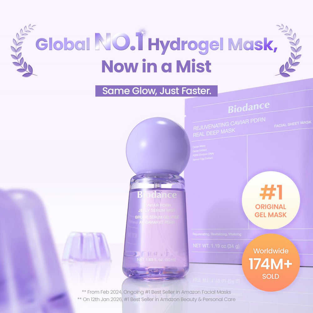 BIODANCE Caviar PDRN Jelly Serum Mist sprays on skin for refreshing hydration and glow.