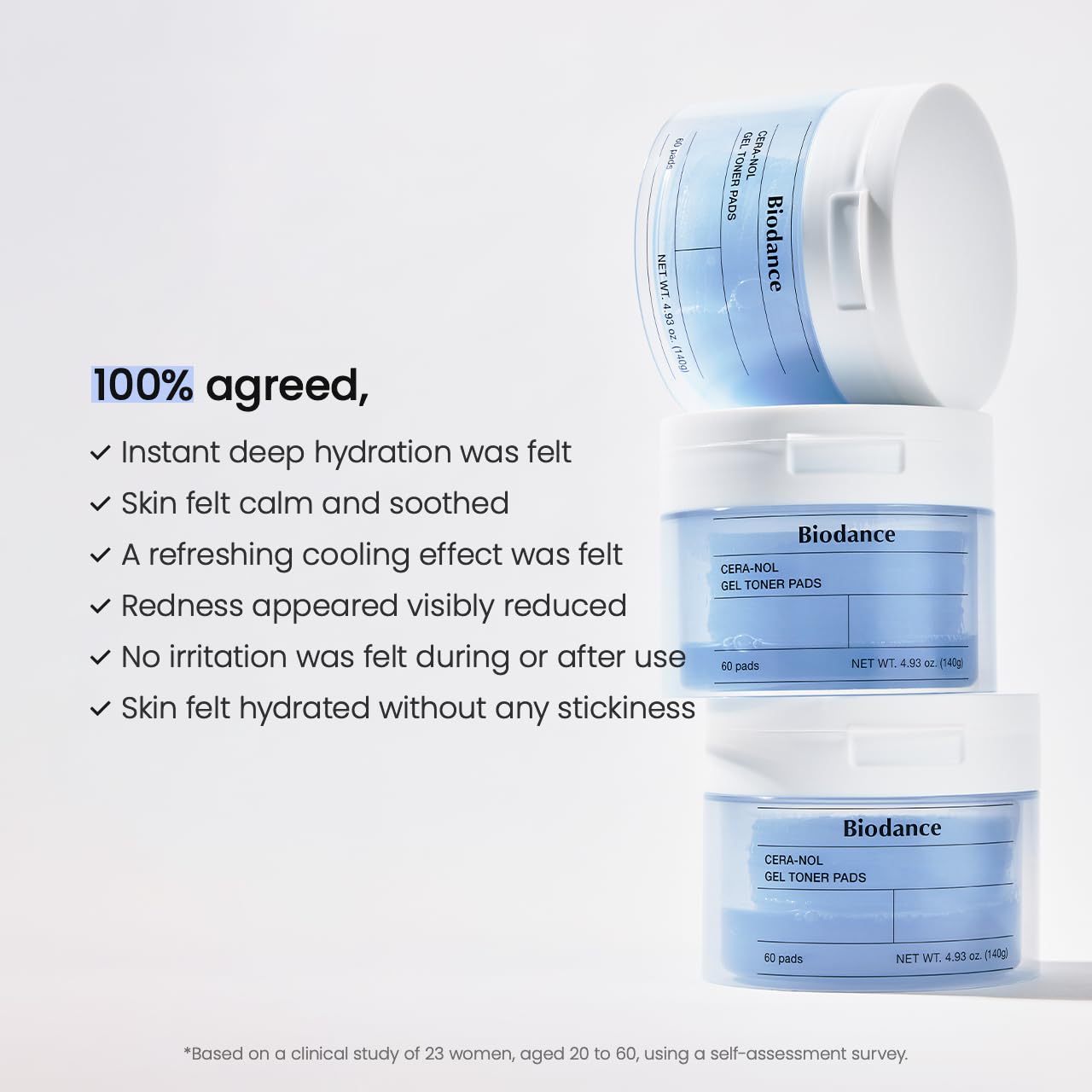 BIODANCE Cera-nol pad skin smoothing effect after use.