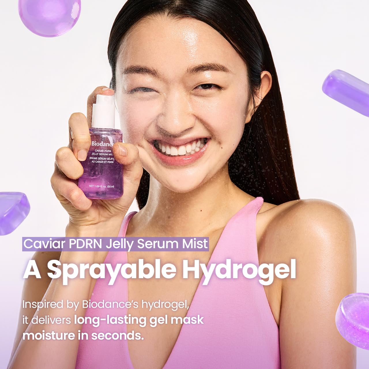 BIODANCE Jelly-to-Mist texture close-up shows hydrating transformation without mess.
