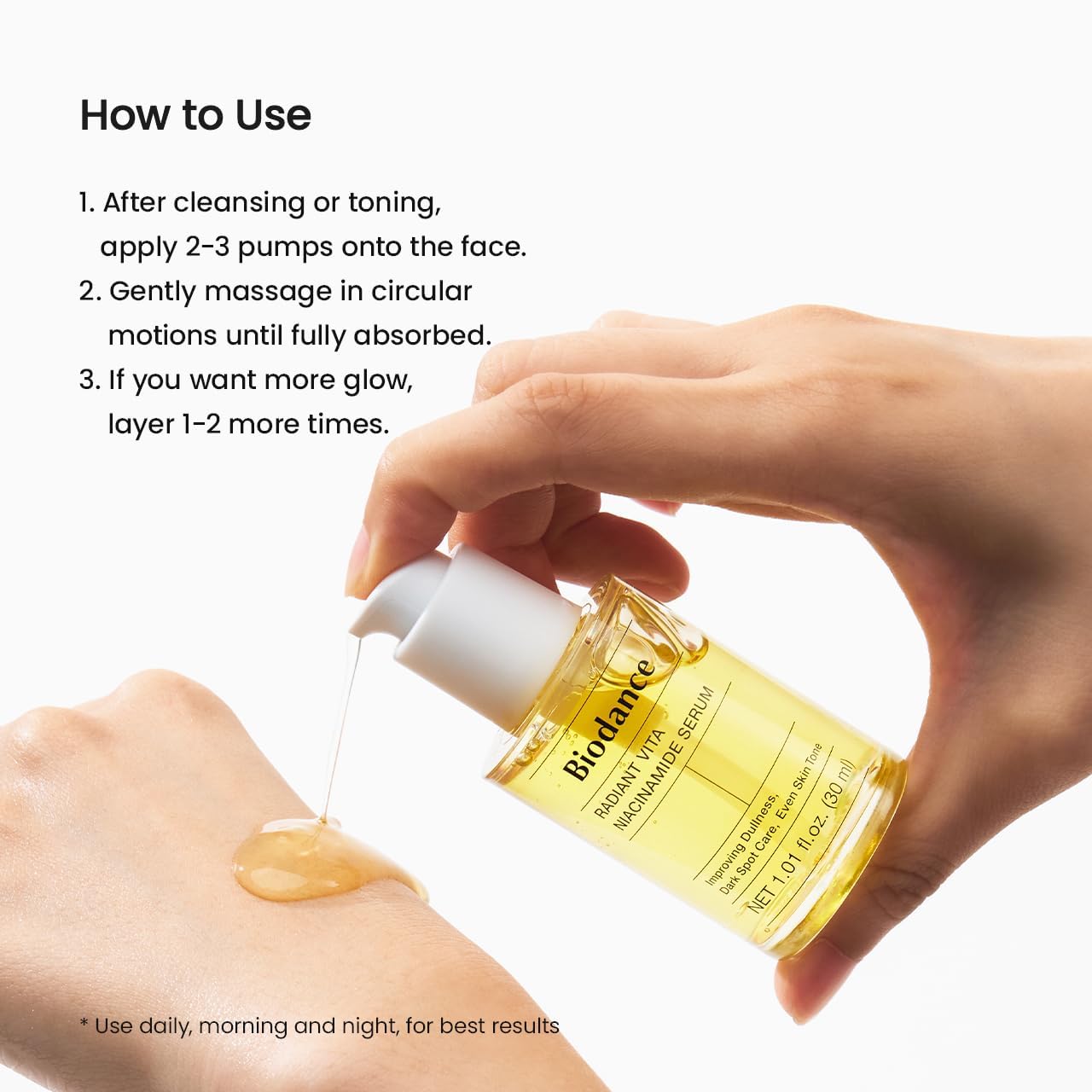 Label close-up emphasizing niacinamide and vitamin C ingredients