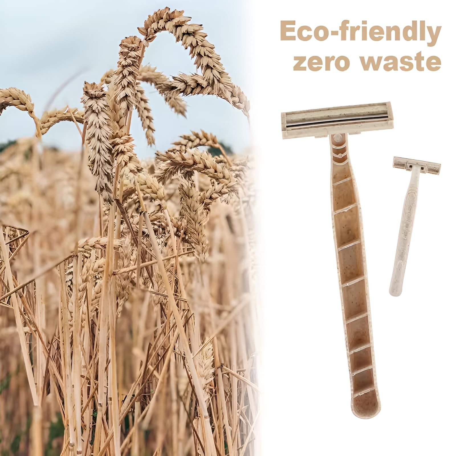 Biodegradable wheat straw razor compostable packaging front emphasizes eco-conscious choice.