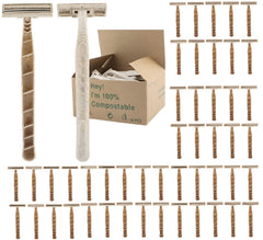 Biodegradable wheat straw razor pack 50-count front view for eco-friendly shaving.