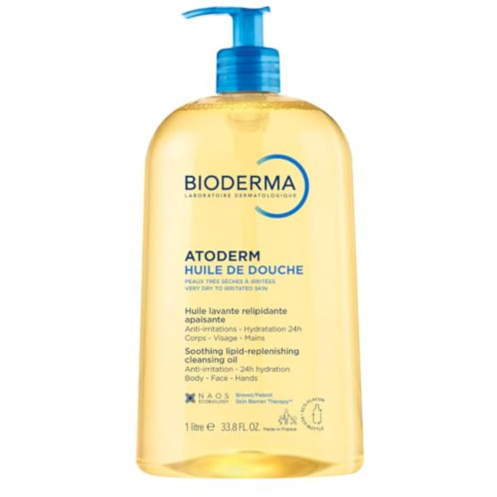 Bioderma bottle front view showing nourishing shower oil and satin finish benefit