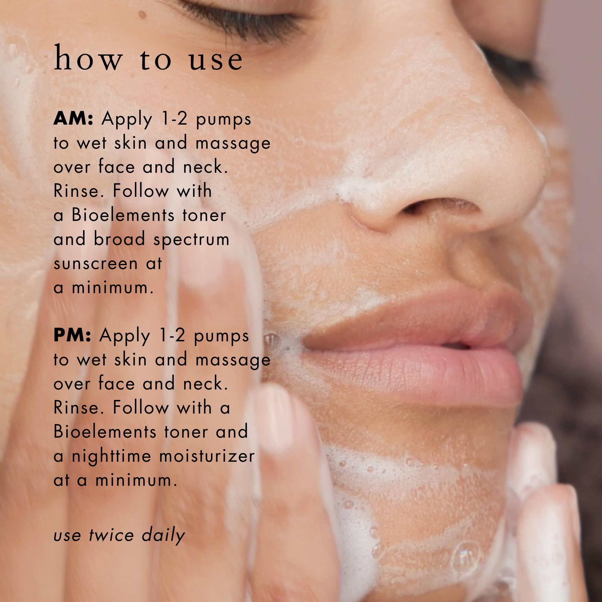 Bioelements Flash Foam Cleanser applying on wet skin for effective cleansing