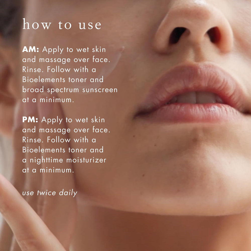 Bioelements Moisture Positive Cleanser face application illustrates soft cleansing for dry skin