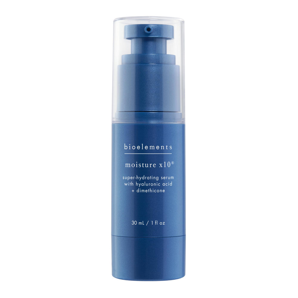 Bioelements Moisture x10 bottle closeup signals daily hydration potential for dry and combo skin.