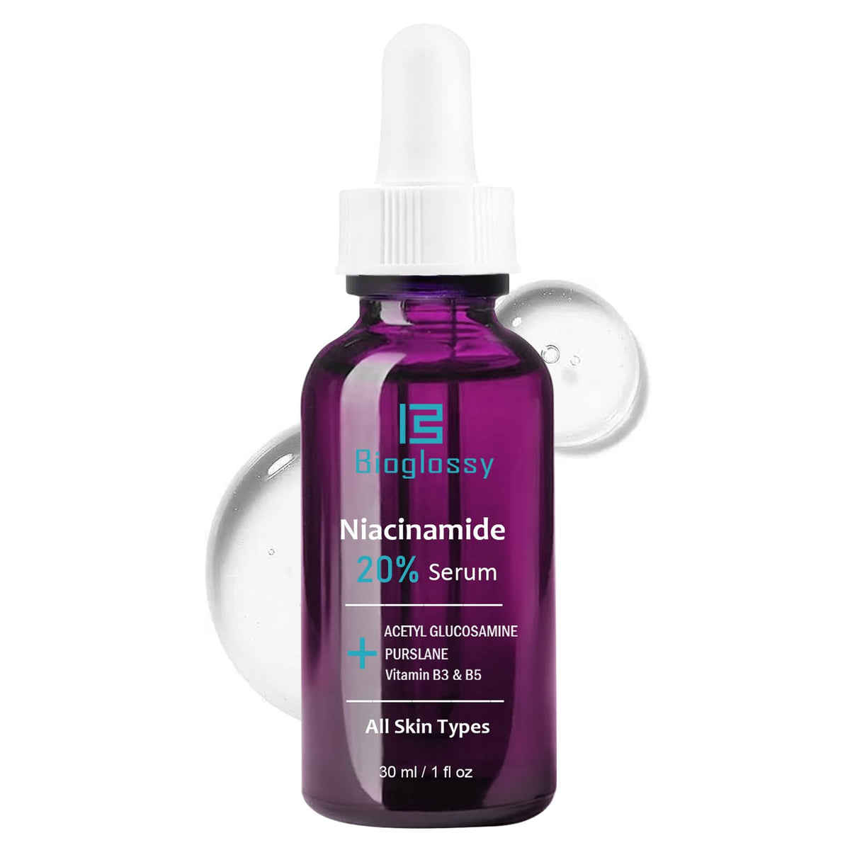 Bioglossy niacinamide serum bottle front promotes brightening and even tone.